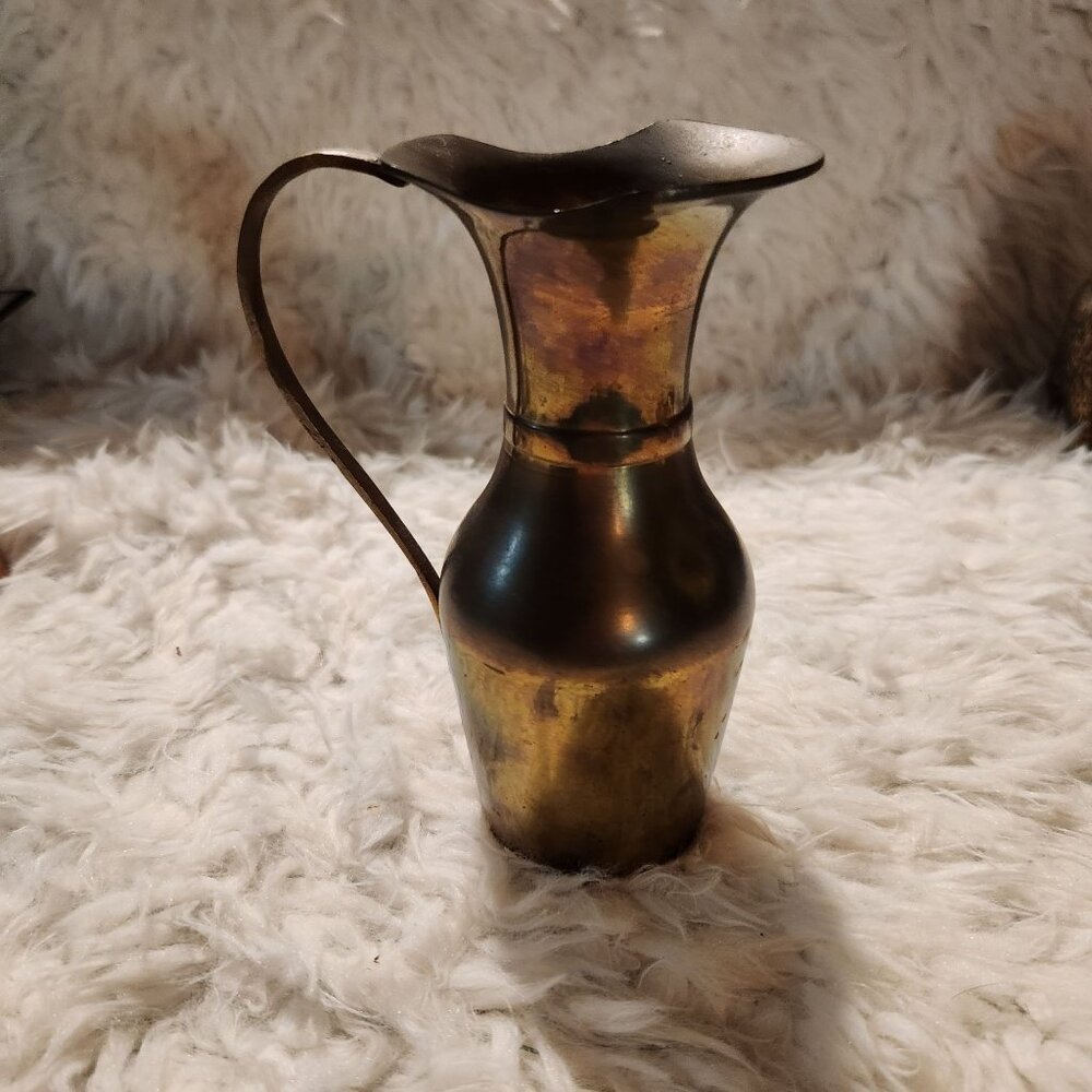 Vintage Brass Pitcher With Curved Handle - 7.5 Inches Tall Unique Vessel MCM Boh